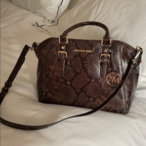 MK dark chocolate embossed leather satchel